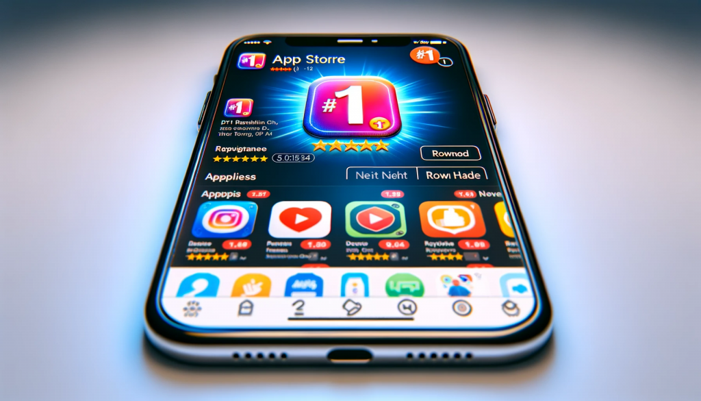 The design showcases a realistic app store environment, featuring the app prominently at the top with a vibrant icon and a #1 ranking badge.